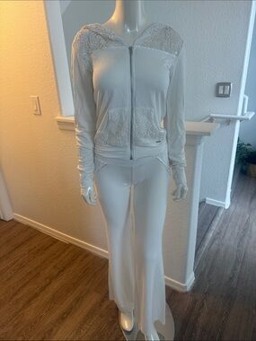 Beach Bunny White Lace-Trim Zip Hoodie with Flare Pants